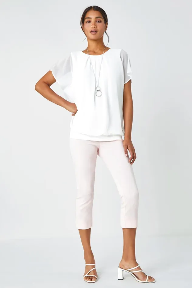 Ivory Chiffon Jersey Chiffon Blouson Top With Necklace Women Roman Blouses and Shirts