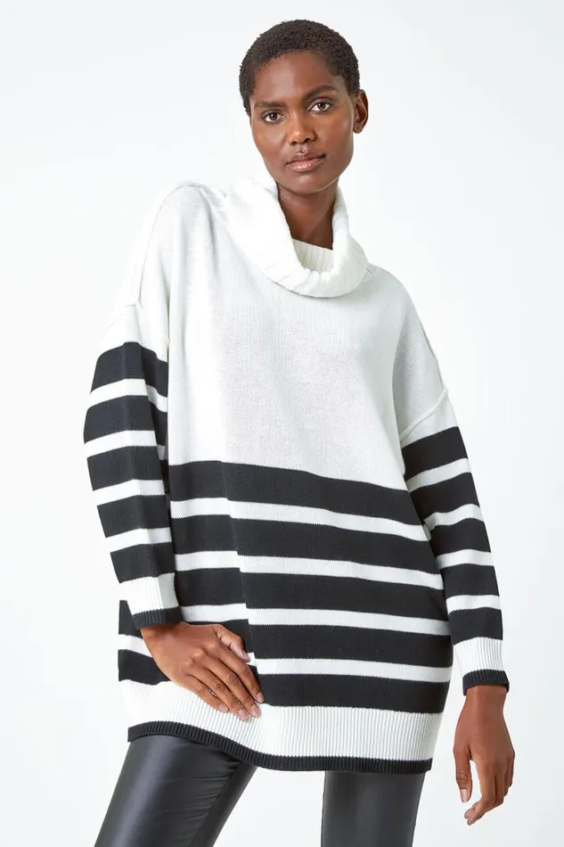 Ivory Contrast Stripe Cowl Neck Longline Jumper Women Roman Knitwear