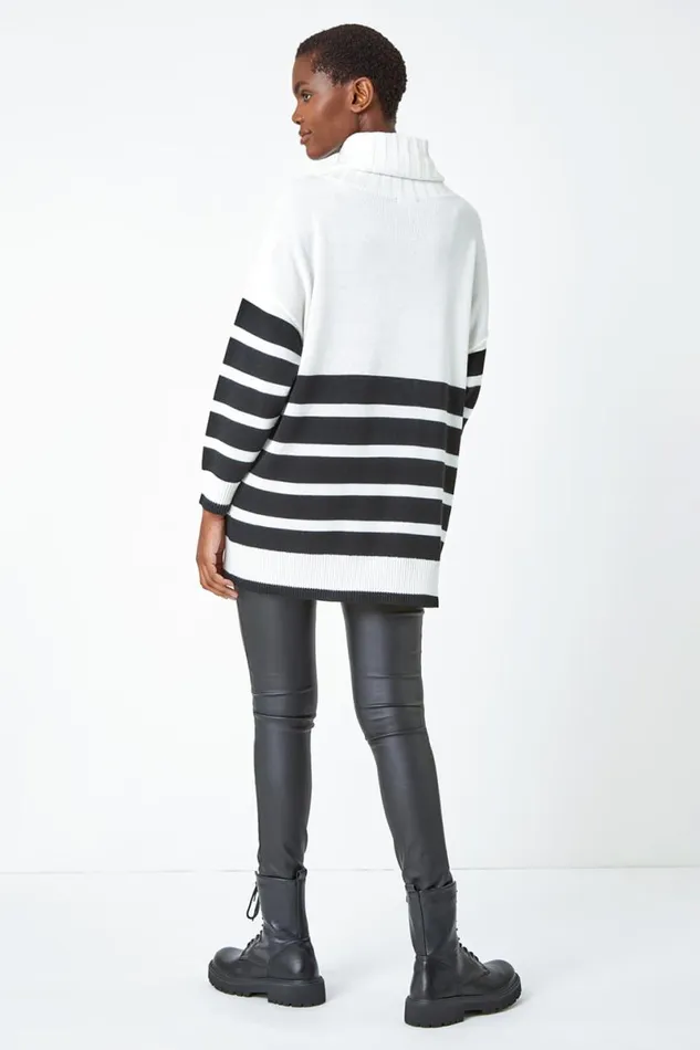 Ivory Contrast Stripe Cowl Neck Longline Jumper Women Roman Knitwear