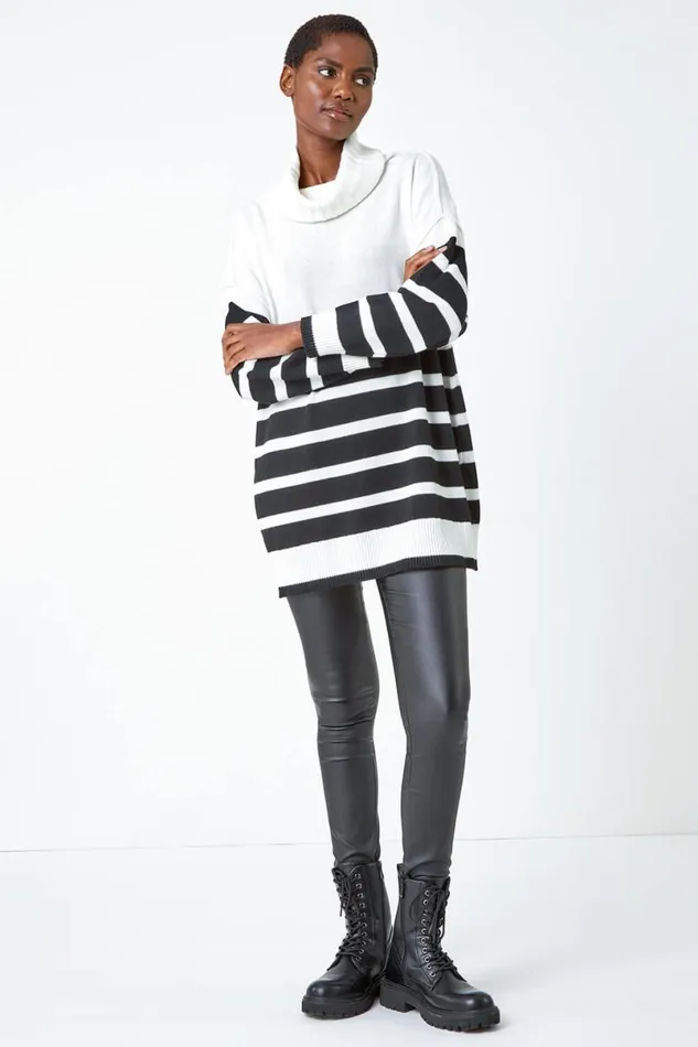 Ivory Contrast Stripe Cowl Neck Longline Jumper Women Roman Knitwear