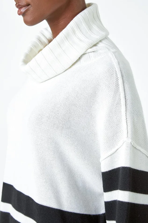 Ivory Contrast Stripe Cowl Neck Longline Jumper Women Roman Knitwear