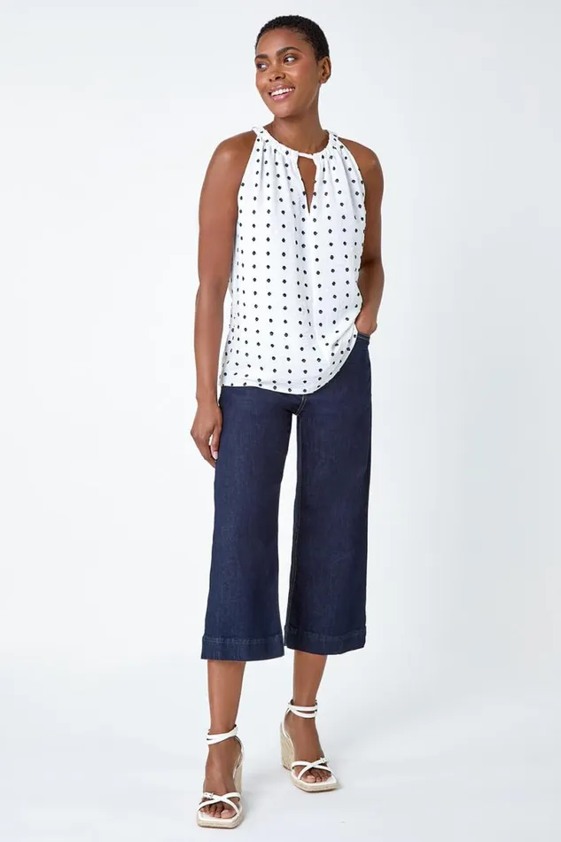 Ivory Embroidered Spot Print Halterneck Top Women Roman Tops