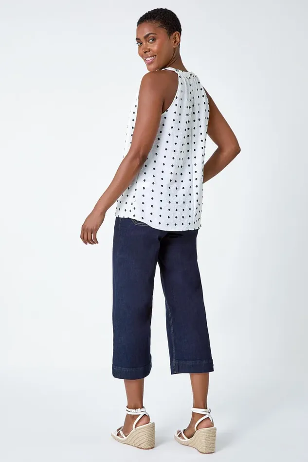 Ivory Embroidered Spot Print Halterneck Top Women Roman Tops