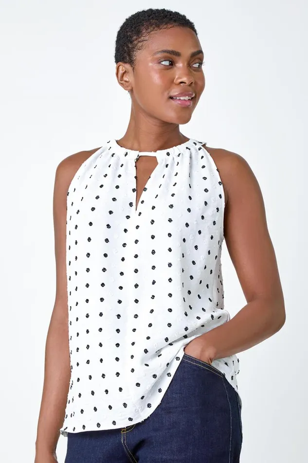 Ivory Embroidered Spot Print Halterneck Top Women Roman Tops