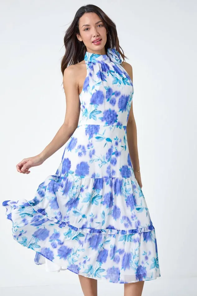 Ivory Floral Halterneck Chiffon Tiered Midi Dress Women Roman Dresses