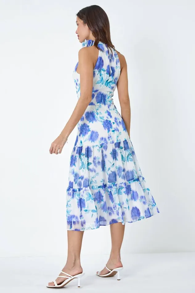Ivory Floral Halterneck Chiffon Tiered Midi Dress Women Roman Dresses