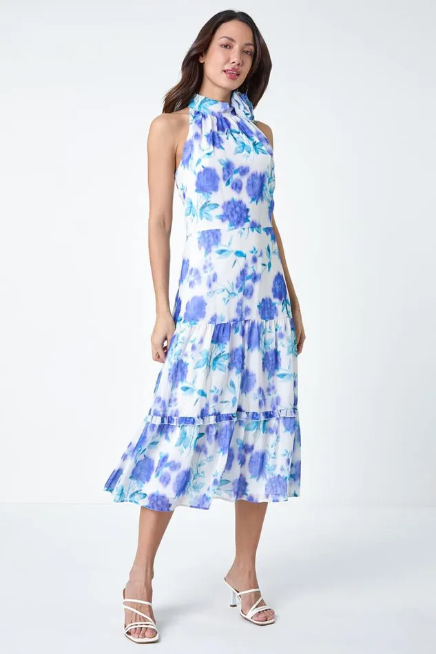 Ivory Floral Halterneck Chiffon Tiered Midi Dress Women Roman Dresses