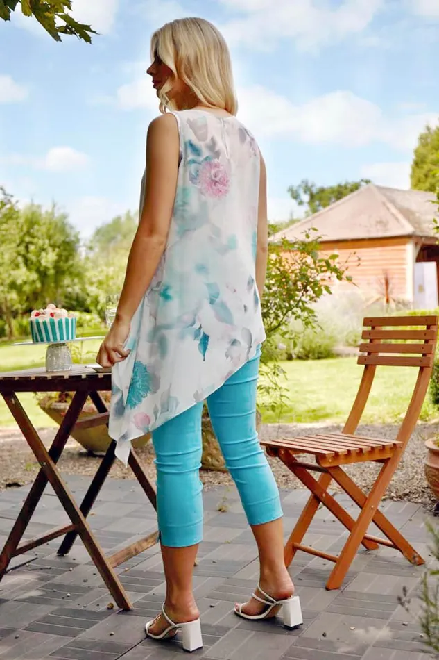Ivory Floral Print Asymmetric Tunic Top Women Roman Tops