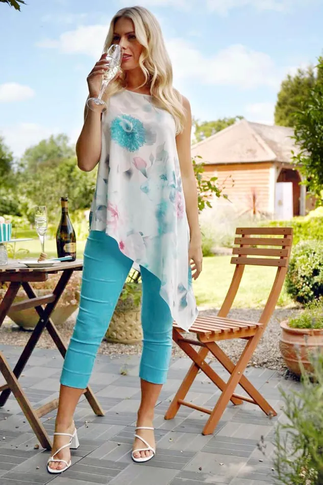 Ivory Floral Print Asymmetric Tunic Top Women Roman Tops