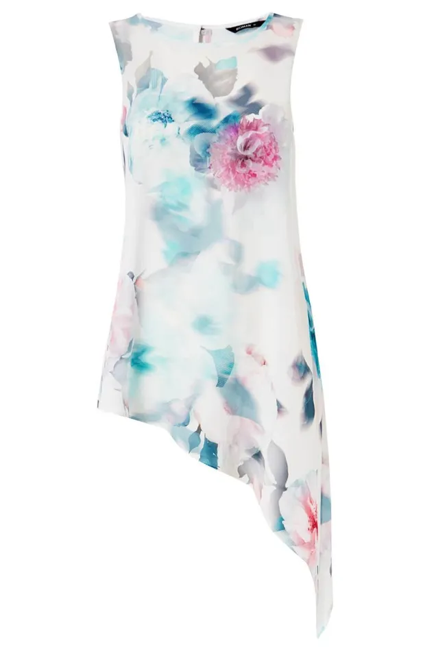 Ivory Floral Print Asymmetric Tunic Top Women Roman Tops