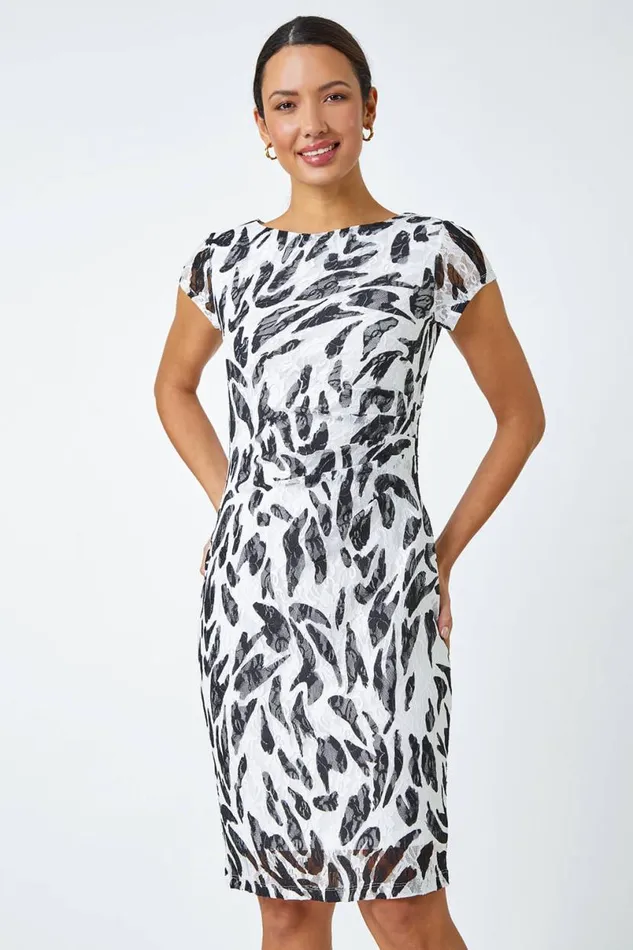 Ivory Leaf Print Stretch Bodycon Lace Dress Women Roman Dresses