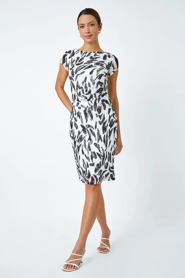 Ivory Leaf Print Stretch Bodycon Lace Dress Women Roman Dresses