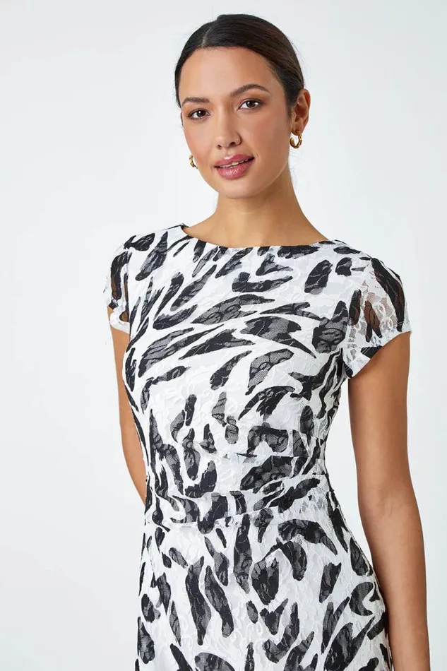 Ivory Leaf Print Stretch Bodycon Lace Dress Women Roman Dresses