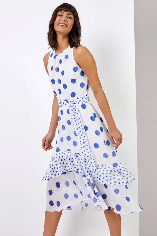 Ivory Multi Spot Print Frill Hem Midi Dress Women Roman Dresses