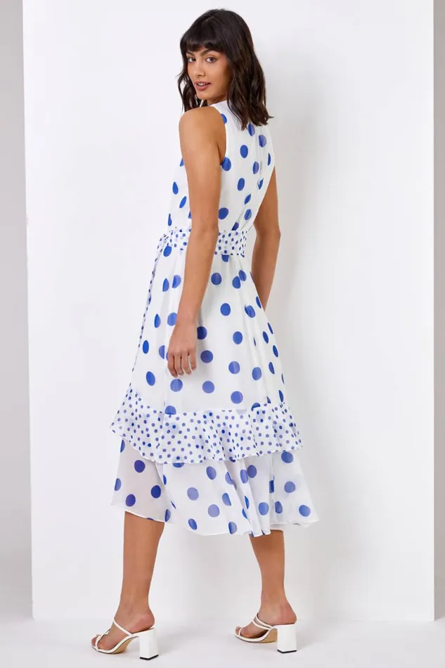 Ivory Multi Spot Print Frill Hem Midi Dress Women Roman Dresses