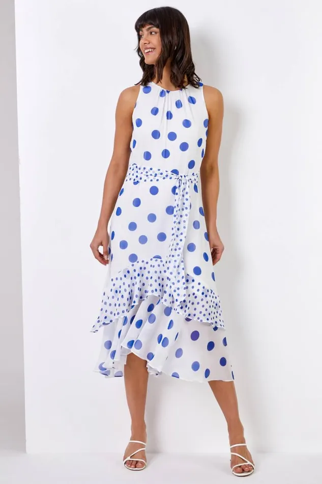 Ivory Multi Spot Print Frill Hem Midi Dress Women Roman Dresses