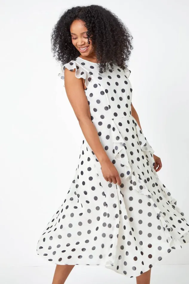 Ivory Petite Polka Dot Chiffon Ruffle Midi Dress Women Roman Dresses