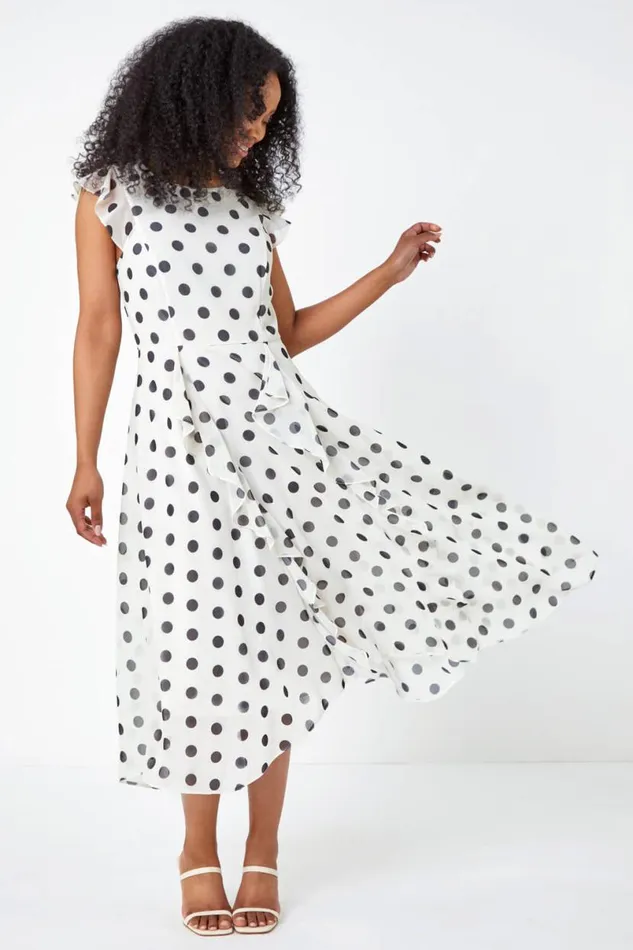 Ivory Petite Polka Dot Chiffon Ruffle Midi Dress Women Roman Dresses