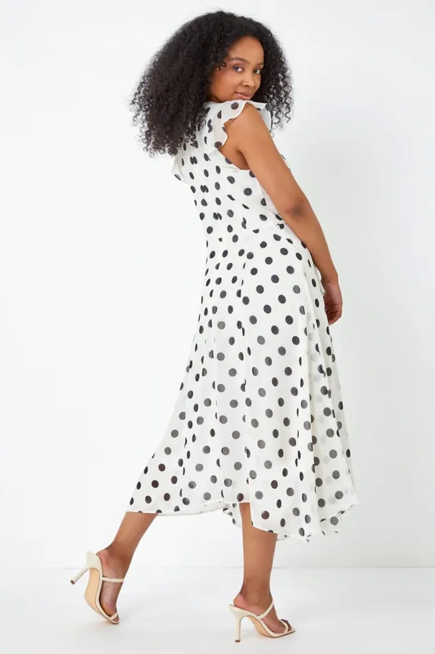 Ivory Petite Polka Dot Chiffon Ruffle Midi Dress Women Roman Dresses