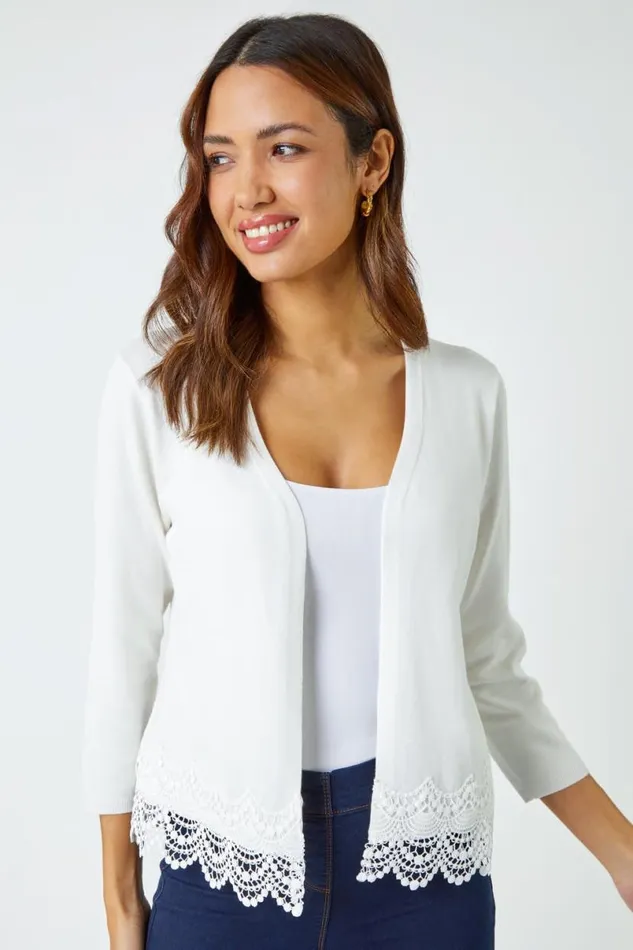 Ivory Scalloped Lace Trim Knitted Shrug Women Roman Knitwear