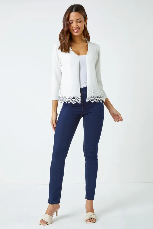 Ivory Scalloped Lace Trim Knitted Shrug Women Roman Knitwear