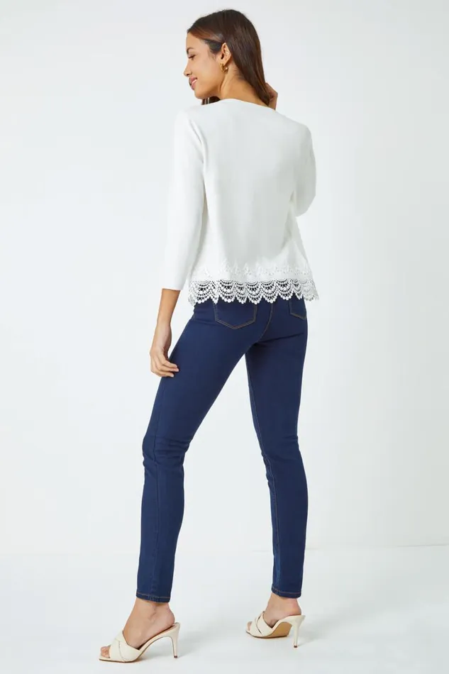 Ivory Scalloped Lace Trim Knitted Shrug Women Roman Knitwear