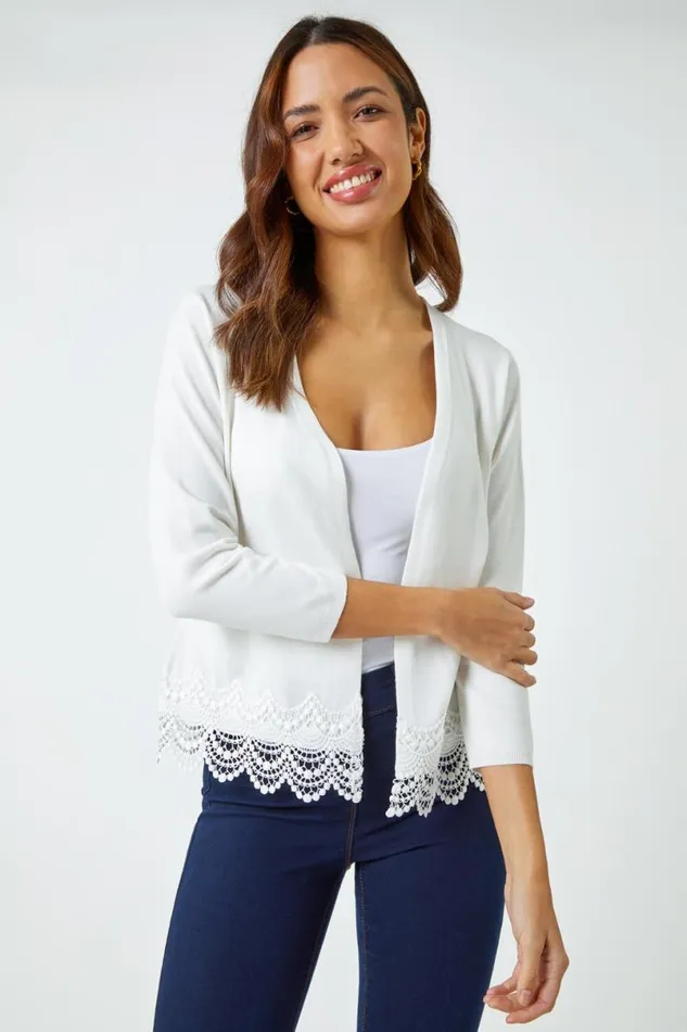 Ivory Scalloped Lace Trim Knitted Shrug Women Roman Knitwear