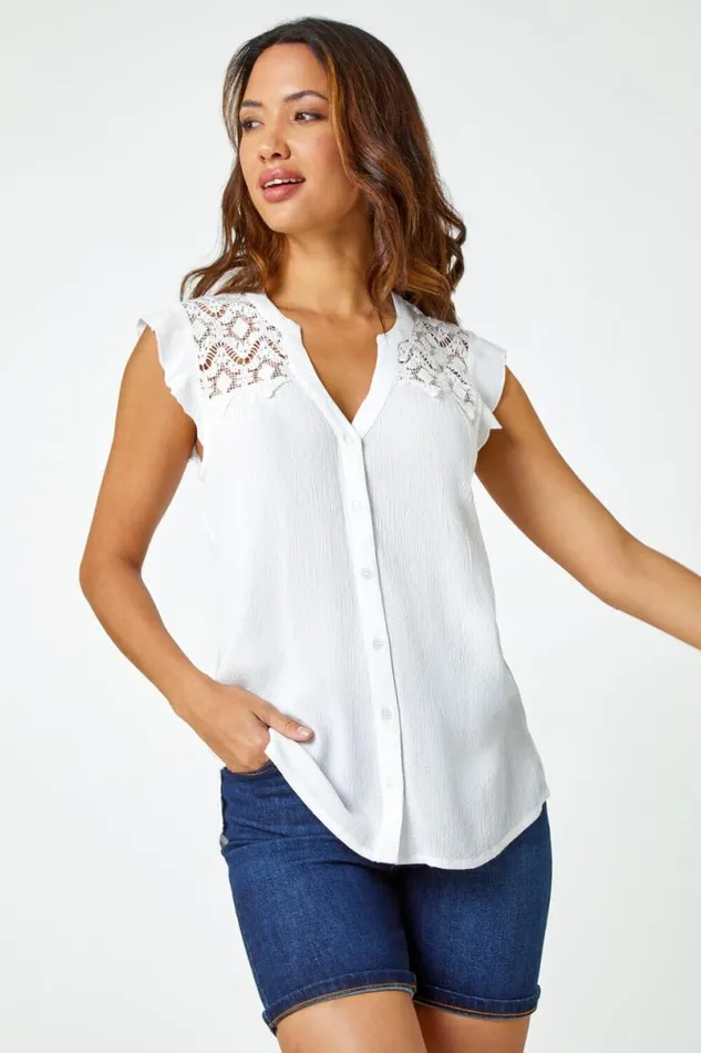 Ivory Sleeveless Lace Detail Blouse Women Roman Tops