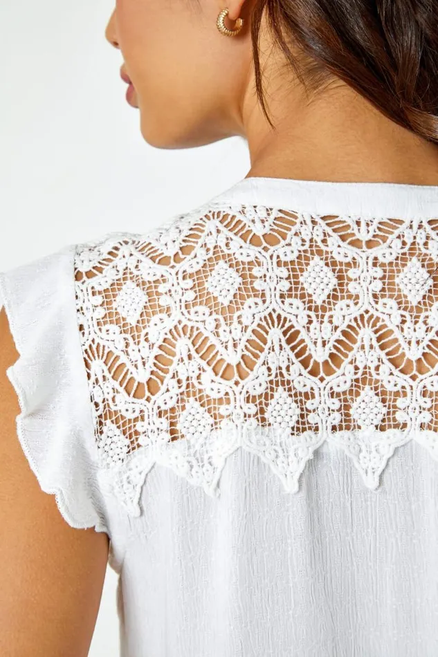 Ivory Sleeveless Lace Detail Blouse Women Roman Tops
