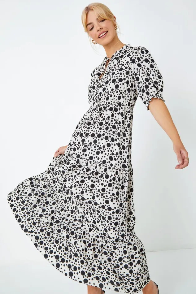 Ivory Spot Tie Neck Tiered Frill Midi Dress Women Roman Dresses