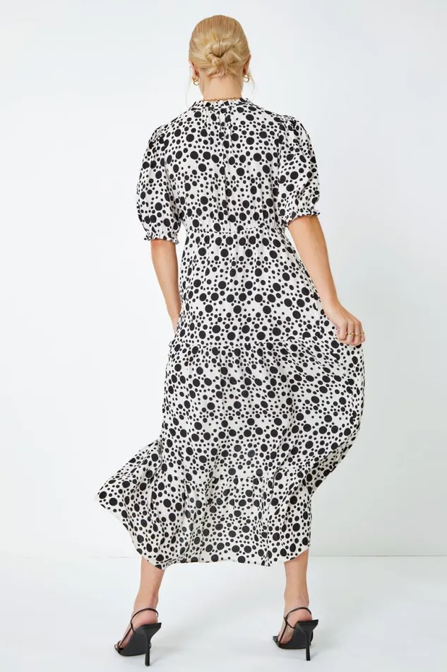 Ivory Spot Tie Neck Tiered Frill Midi Dress Women Roman Dresses