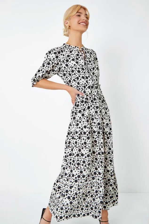 Ivory Spot Tie Neck Tiered Frill Midi Dress Women Roman Dresses
