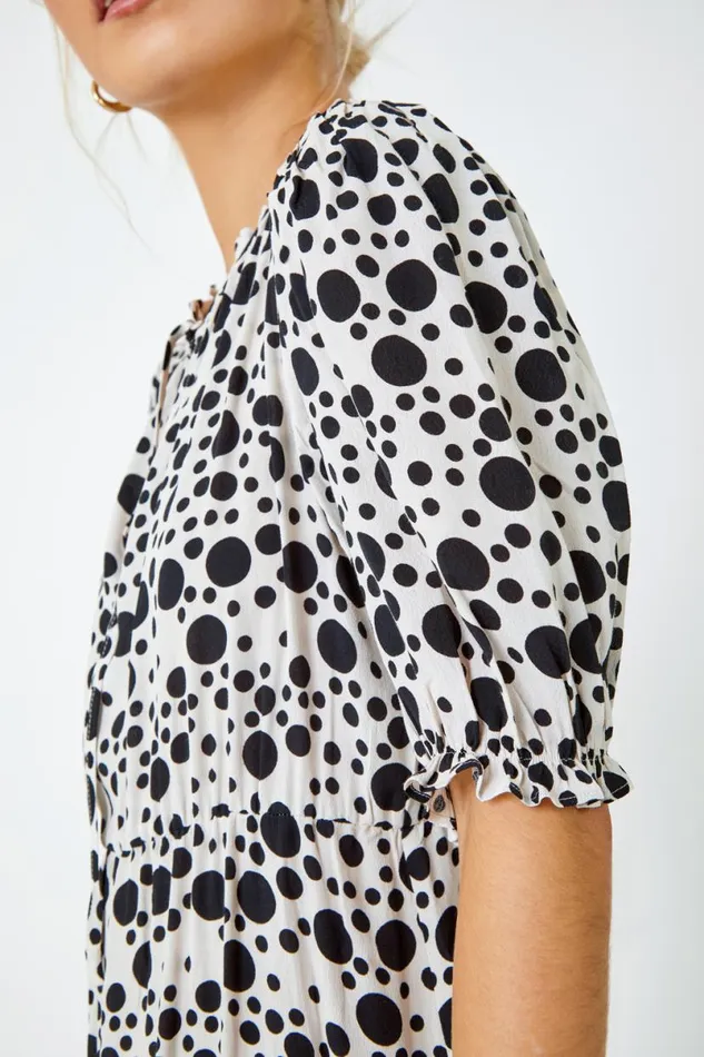 Ivory Spot Tie Neck Tiered Frill Midi Dress Women Roman Dresses