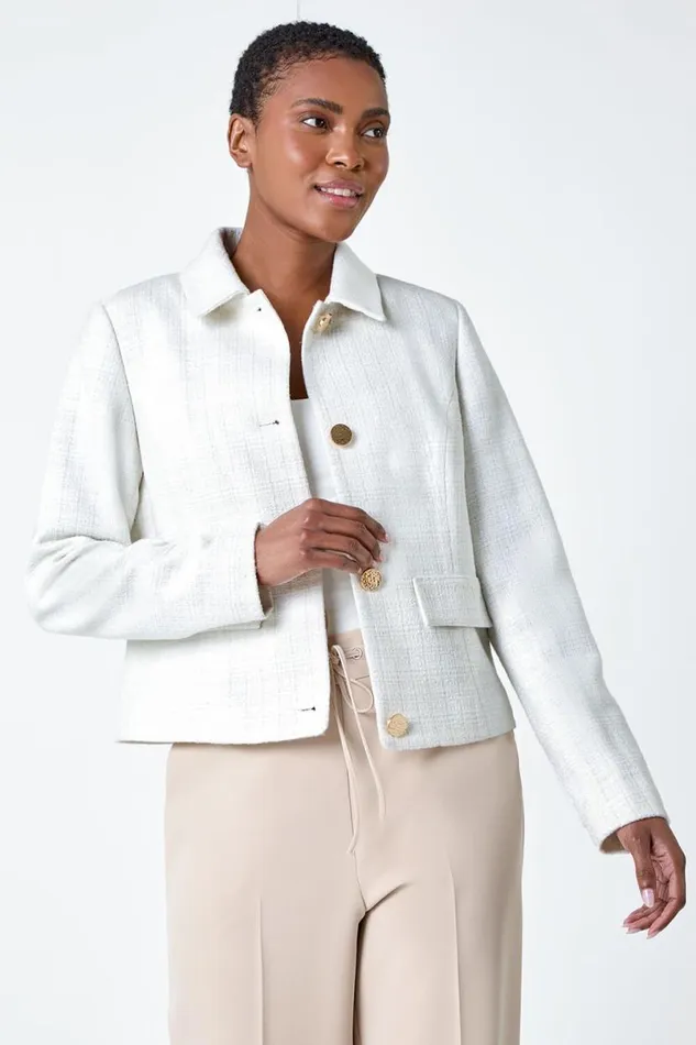 Ivory Textured Button Detail Boucle Jacket Women Roman Occasionwear