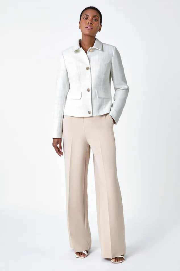 Ivory Textured Button Detail Boucle Jacket Women Roman Occasionwear