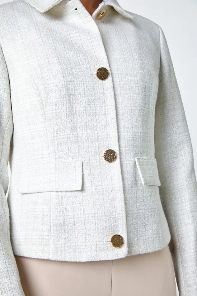 Ivory Textured Button Detail Boucle Jacket Women Roman Occasionwear
