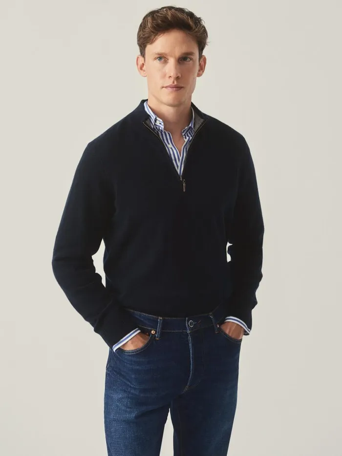 JMcLaughlin Henry Cashmere 14 Zip Dark Navy Men Sweaters