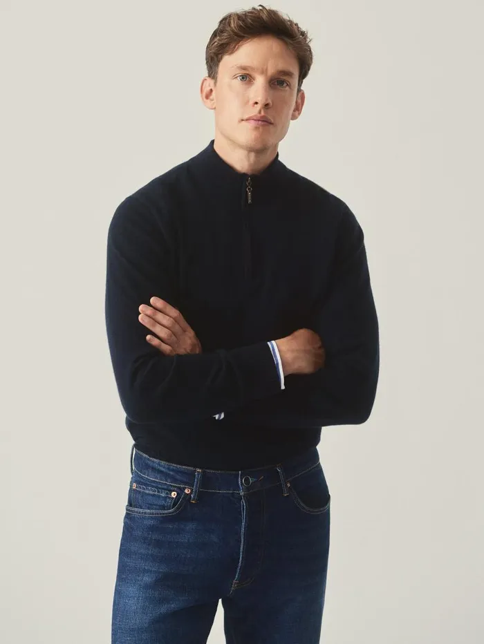 JMcLaughlin Henry Cashmere 14 Zip Dark Navy Men Sweaters