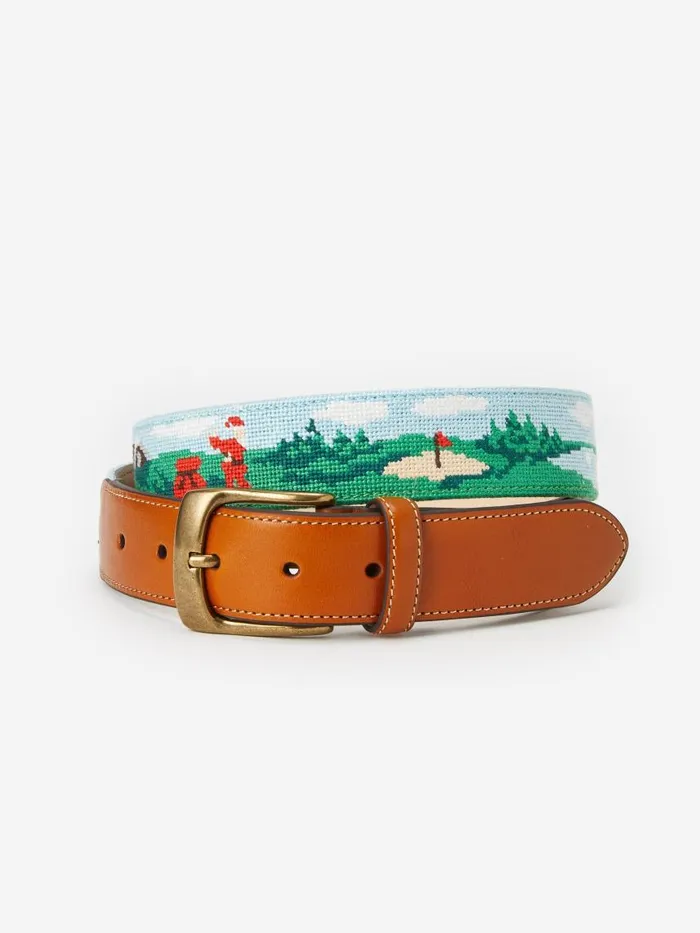 JMcLaughlin Needlepoint Belt In Santa Play Golf Greensky Blue Men Belts