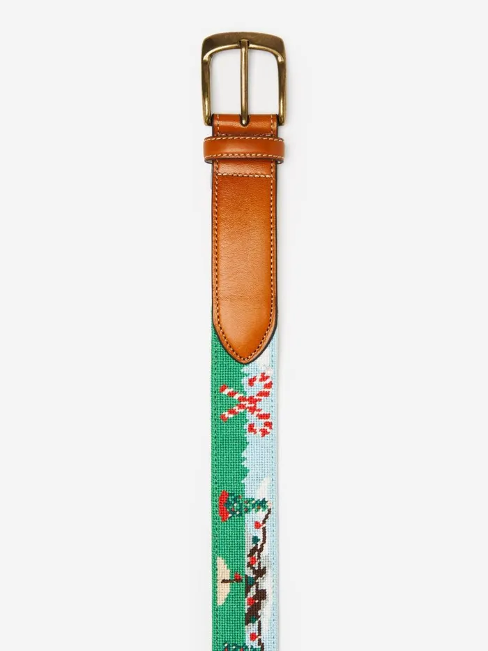 JMcLaughlin Needlepoint Belt In Santa Play Golf Greensky Blue Men Belts