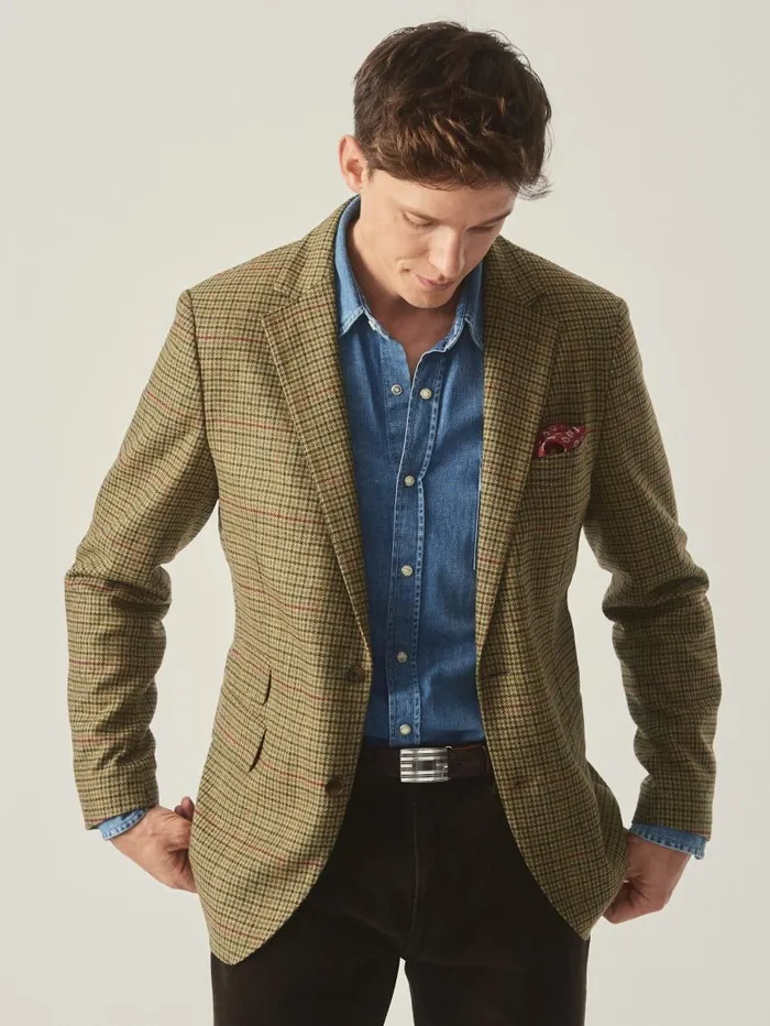 JMcLaughlin Suffolk Wool Sport Coat In Plaid Browngreenredmustard Men Jackets and Outerwear
