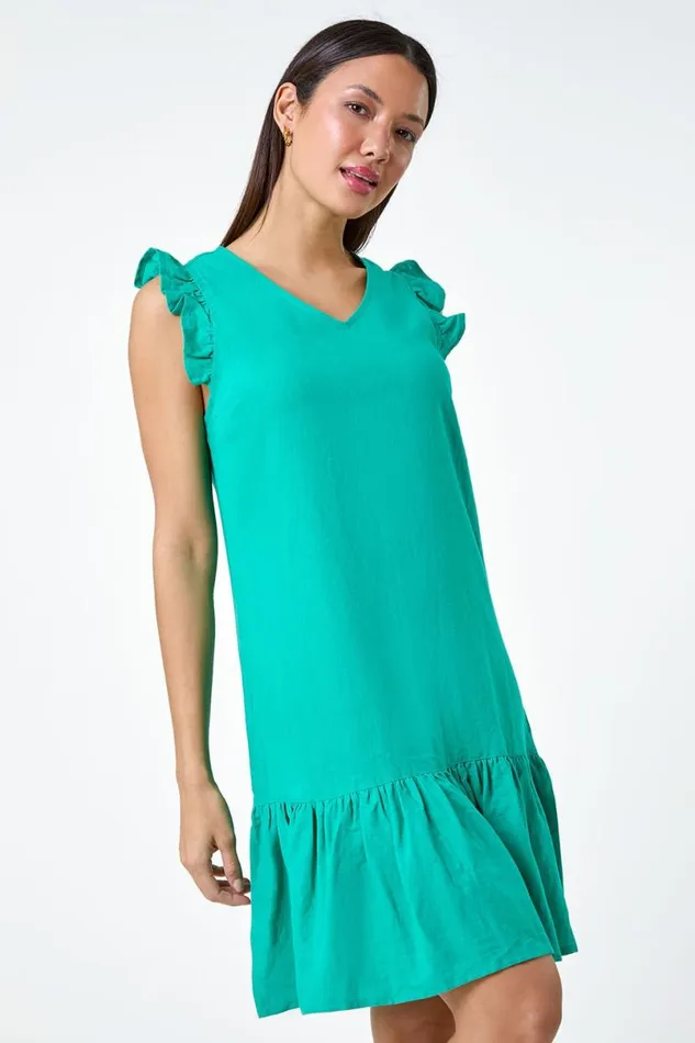 Jade Linen Blend Frill Detail Dress Women Roman Dresses