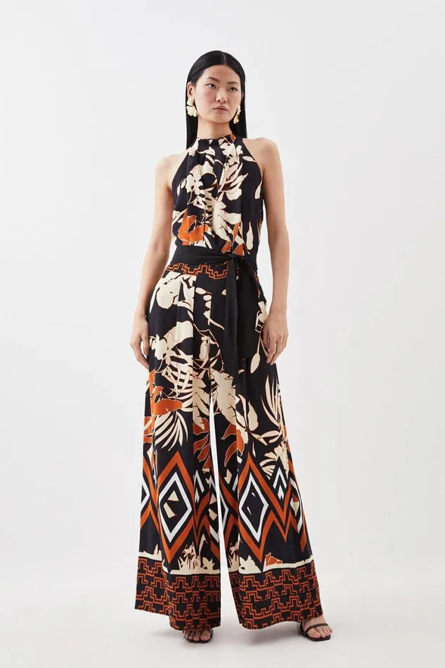 Jumpsuits Women Karen Millen Abstract Floral Border Printed Woven Jumpsuit Black