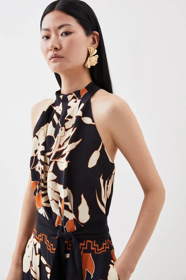 Jumpsuits Women Karen Millen Abstract Floral Border Printed Woven Jumpsuit Black