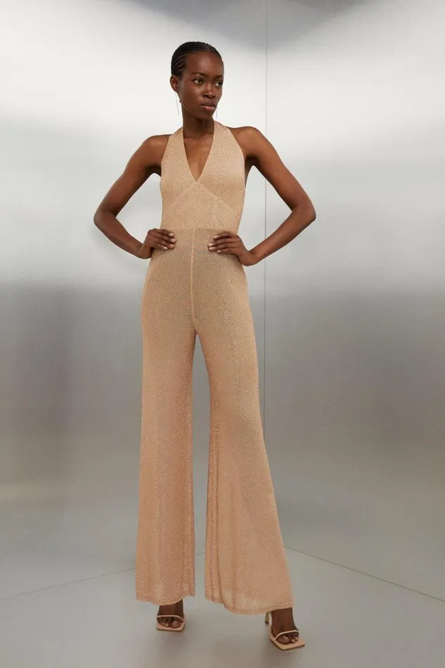 Jumpsuits Women Karen Millen Embellished Halterneck Wide Leg Jersey Jumpsuit Nude