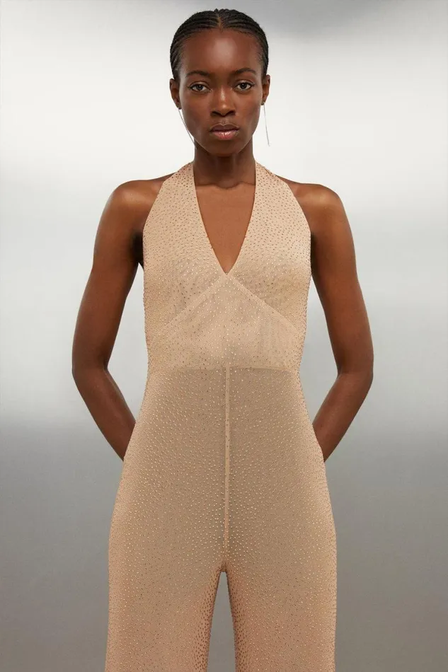 Jumpsuits Women Karen Millen Embellished Halterneck Wide Leg Jersey Jumpsuit Nude