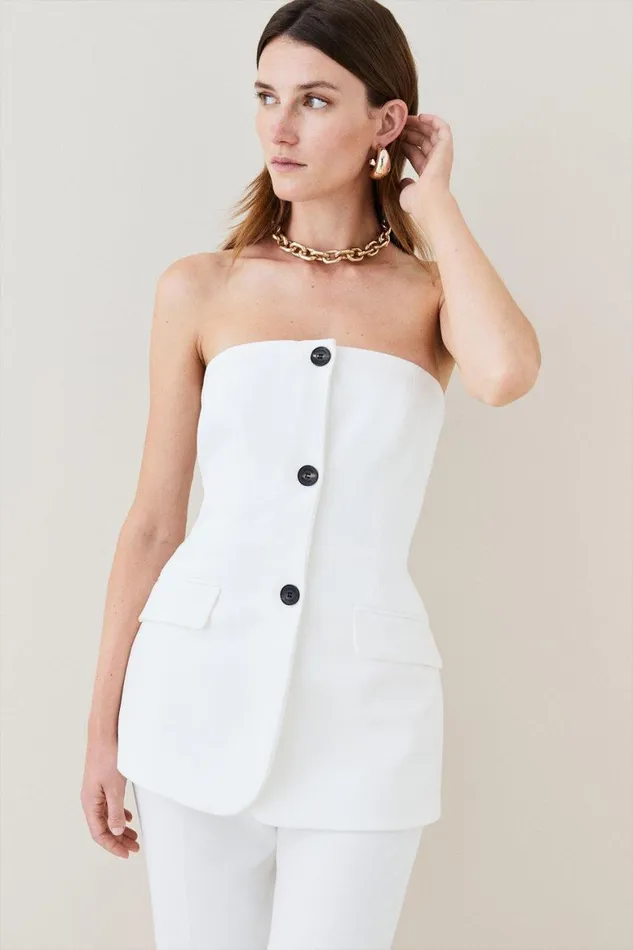 Jumpsuits Women Karen Millen Petite Compact Stretch Tailored Button Bodice Jumpsuit Ivory