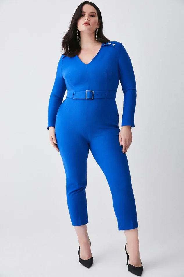 Jumpsuits Women Karen Millen Plus Size Compact Stretch Button Detail Slim Leg Jumpsuit Cobalt