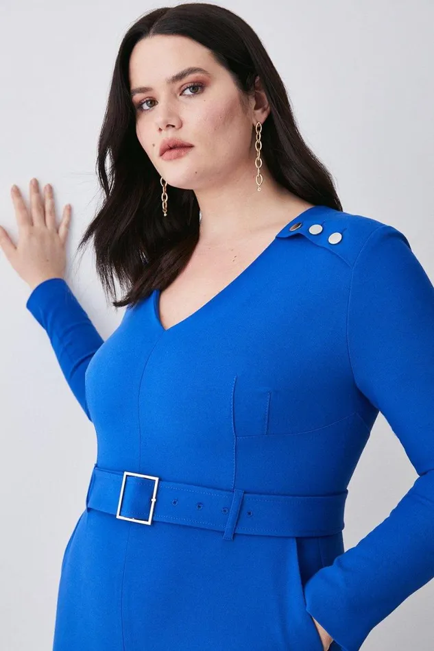 Jumpsuits Women Karen Millen Plus Size Compact Stretch Button Detail Slim Leg Jumpsuit Cobalt