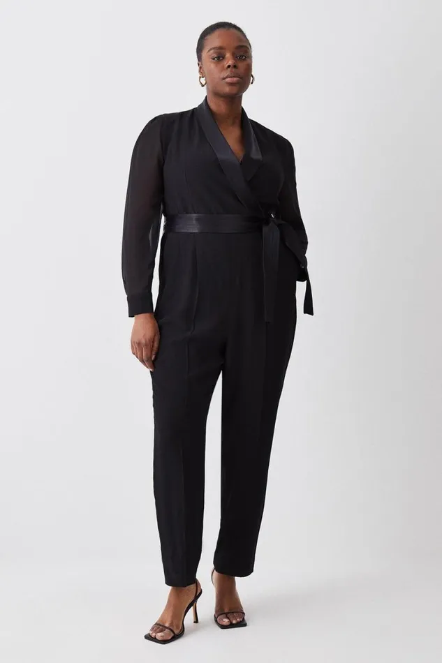 Jumpsuits Women Karen Millen Plus Size Sheer Sleeve Tuxedo Wrap Jumpsuit Black